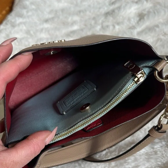 Coach Taupe Leather Crossbody Bucket Bag with Red Interior - Picture 9 of 15
